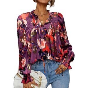 Women's Long Sleeve  Purple Tops Boho Floral Printed Blouses Casual V Neck